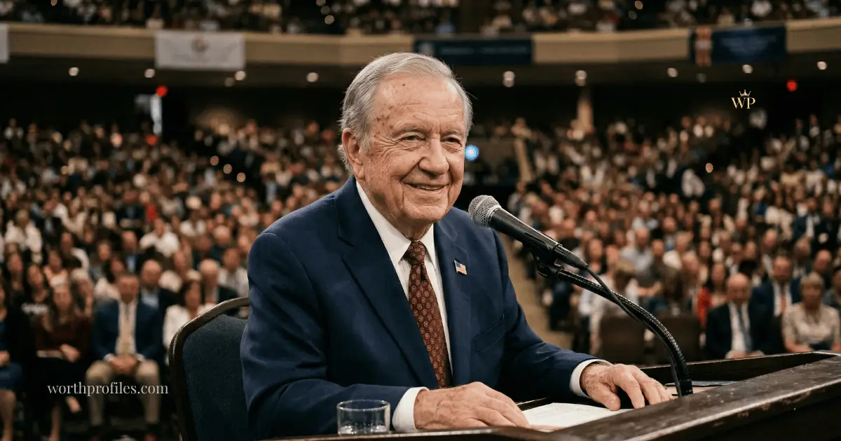 Bill Gothard portrait with seminar background