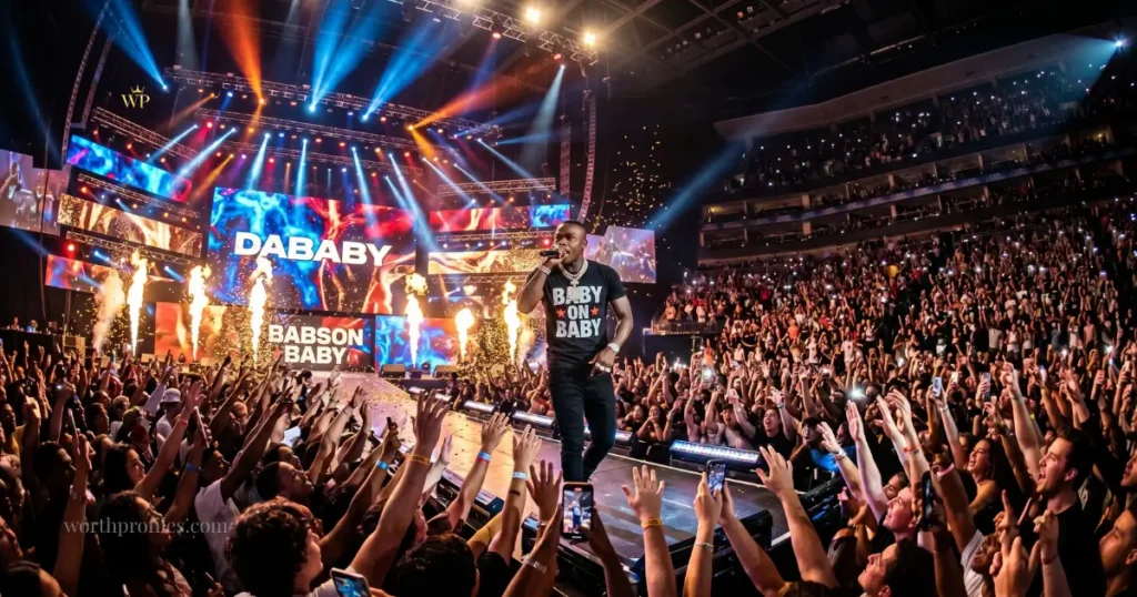 DaBaby net worth: How much is he worth in 2026? 3 DaBaby performing live at a concert showing his touring income source