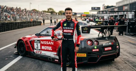 Jann Mardenborough standing next to race car on track