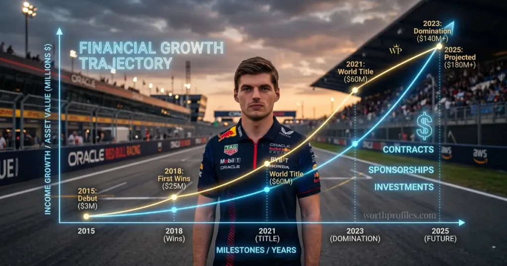 Max Verstappen Net Worth (2026): Shocking Salary, Earnings, and Income Breakdown 4 Max Verstappen net worth growth chart Formula 1 earnings