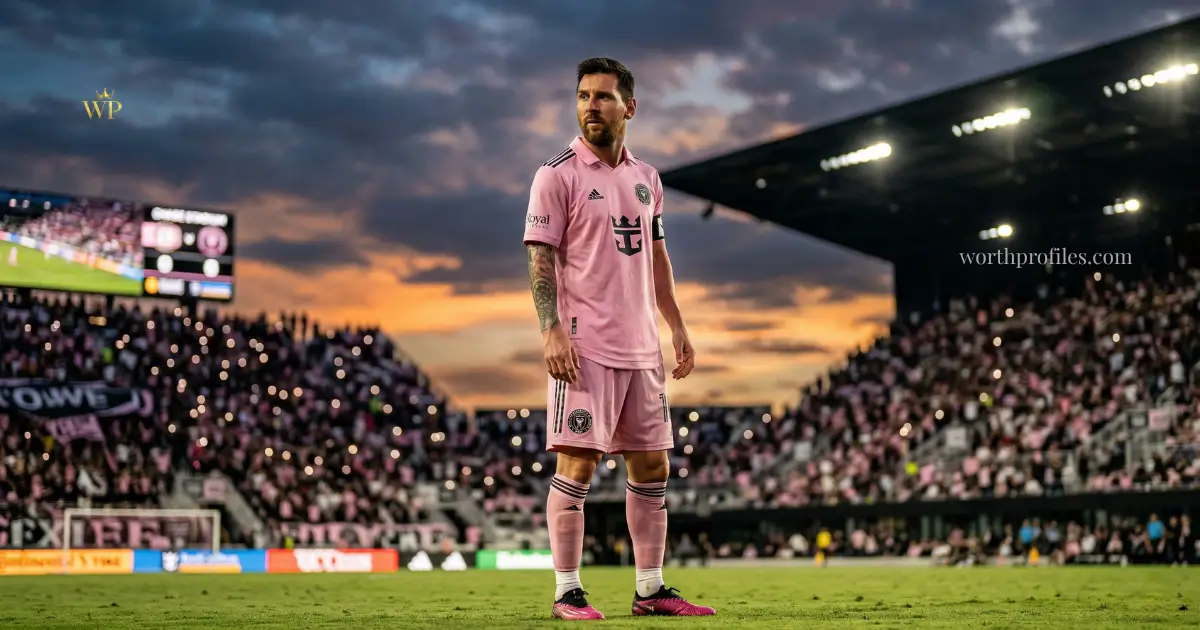Messi net worth 2026 Inter Miami stadium portrait