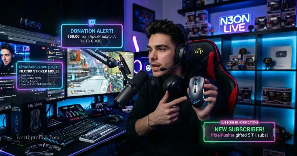 N3on Net Worth (2026): Income, Earnings & How He Makes Money 2 Content creator working with brands and sponsorships during livestream