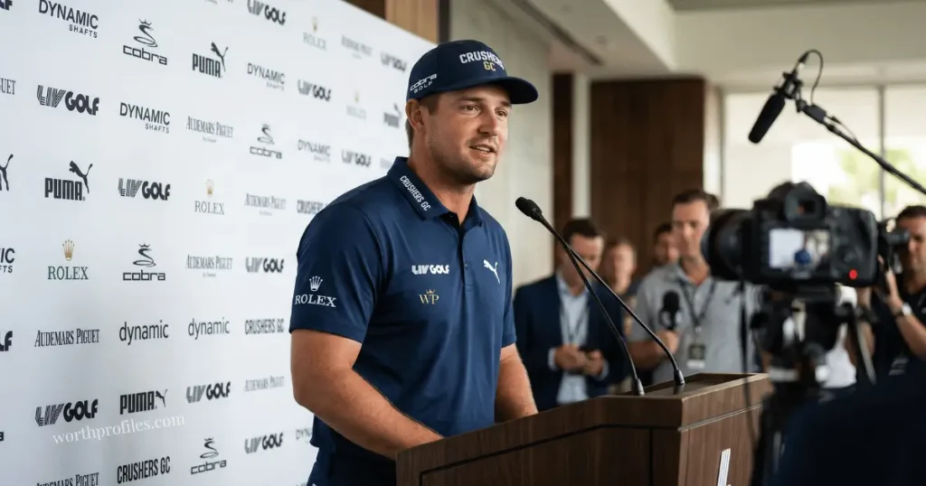 Bryson DeChambeau Net Worth in 2026 4 Bryson DeChambeau in branded golf apparel during a media event