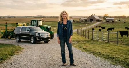 Kristi McBee Net Worth in 2026 Kristi McBee from The McBee Dynasty standing near ranch property and farming equipment