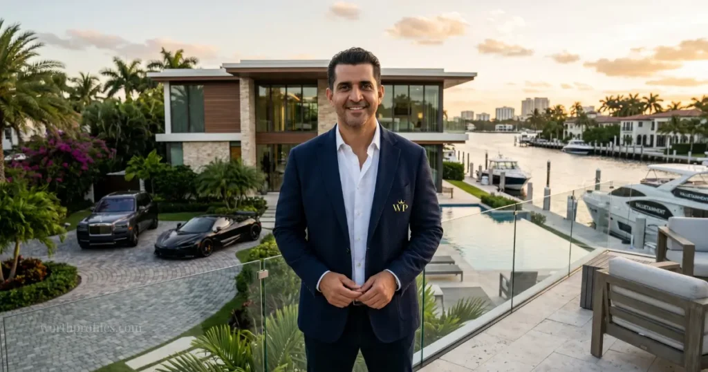 Patrick Bet-David Net Worth: How He Built His Business Empire 3 Patrick Bet-David standing outside a luxury waterfront mansion in Florida