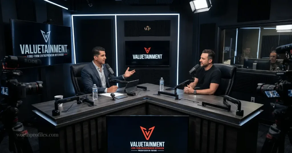 Patrick Bet-David Net Worth: How He Built His Business Empire 2 Patrick Bet-David recording a podcast interview inside the Valuetainment studio