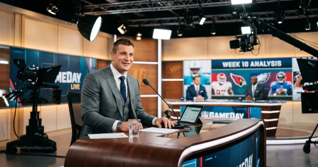 Rob Gronkowski Net Worth 6 Rob Gronkowski working as a football analyst during a sports broadcast
