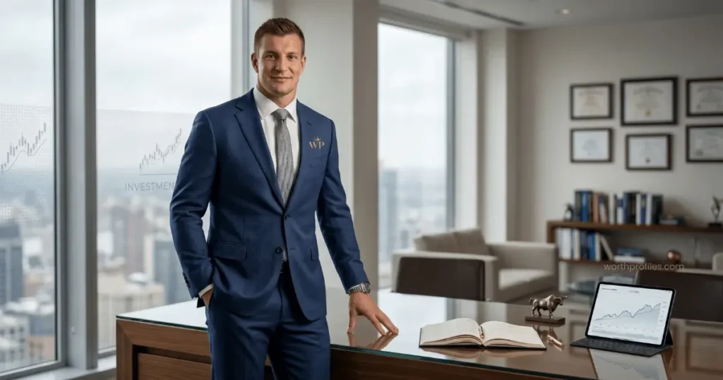 Rob Gronkowski Net Worth 3 Rob Gronkowski in a modern financial office discussing investments
