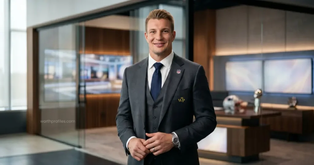 Rob Gronkowski Net Worth Rob Gronkowski smiling during an NFL event while discussing his net worth and endorsements