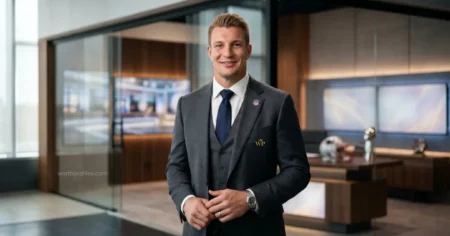 Rob Gronkowski Net Worth Rob Gronkowski smiling during an NFL event while discussing his net worth and endorsements
