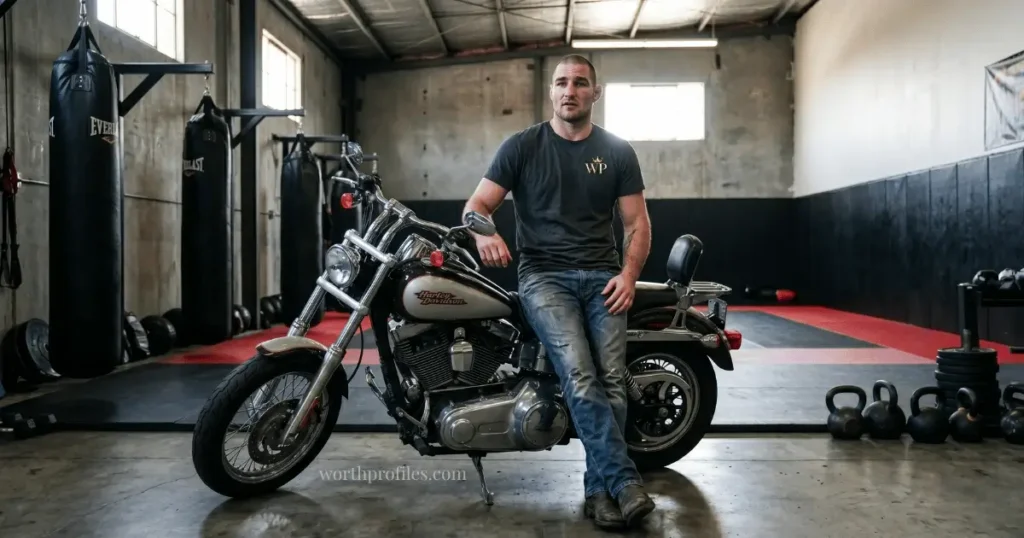 Sean Strickland Net Worth in 2026 3 Sean Strickland in casual clothing near motorcycles and training equipment