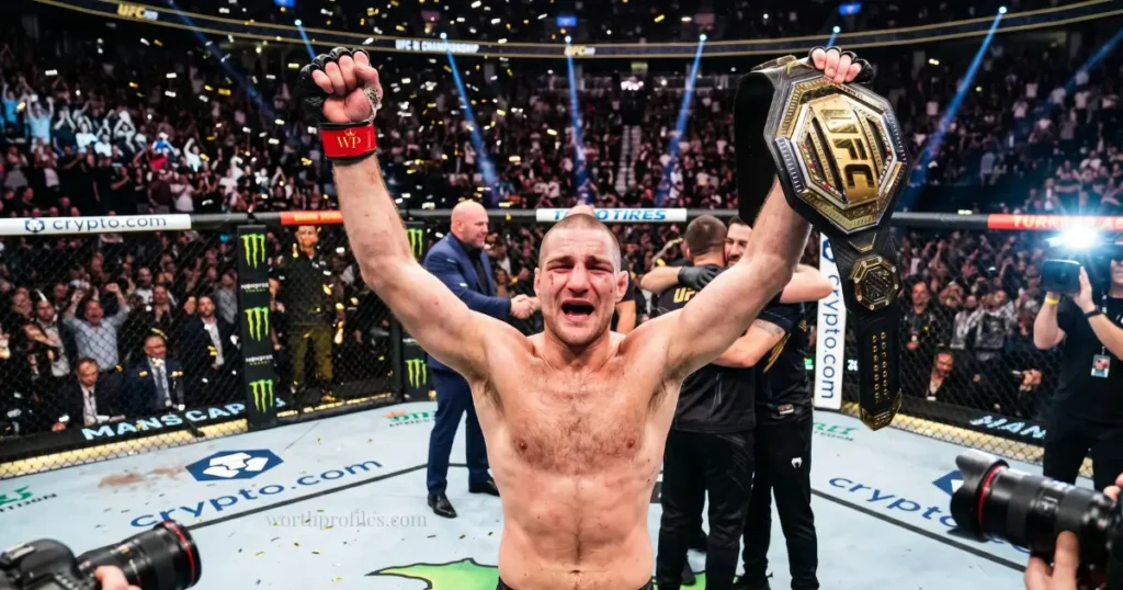 Sean Strickland Net Worth in 2026 2 Sean Strickland celebrating after winning a UFC middleweight championship fight