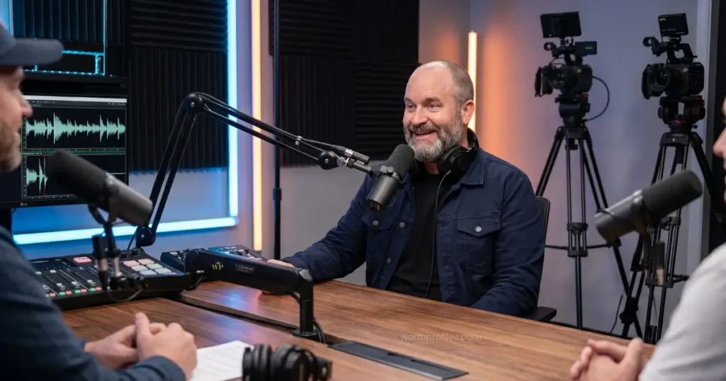 Tom Segura Net Worth in 2026 3 Tom Segura recording a podcast episode inside a modern studio